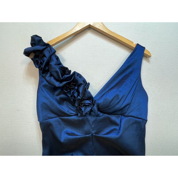 Womens Evening Formal Cocktail Dress Blue Floral Ruched Sleeveless Party Chic - Picture 2 of 11